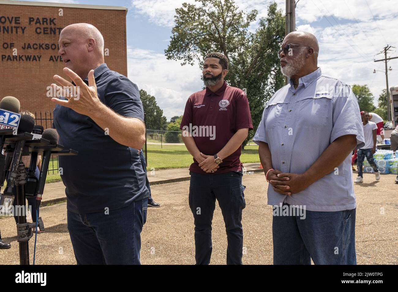 Jackson, USA. 02nd Sep, 2022. Mitch Landrieu, Senior Advisor to President Biden (L) is joined by Chokwe Antar Lumumba, Mayor of Jackson Mississippi (C) and Rep. Bennie Thompson D-MS, as they speak about the current water crisis in Jackson, Mississippi on Friday, September 2, 2022. Jackson has gone days without reliable water service when river flooding caused the main treatment facility to fail. Photo by Ken Cedeno/UPI Credit: UPI/Alamy Live News Stock Photo