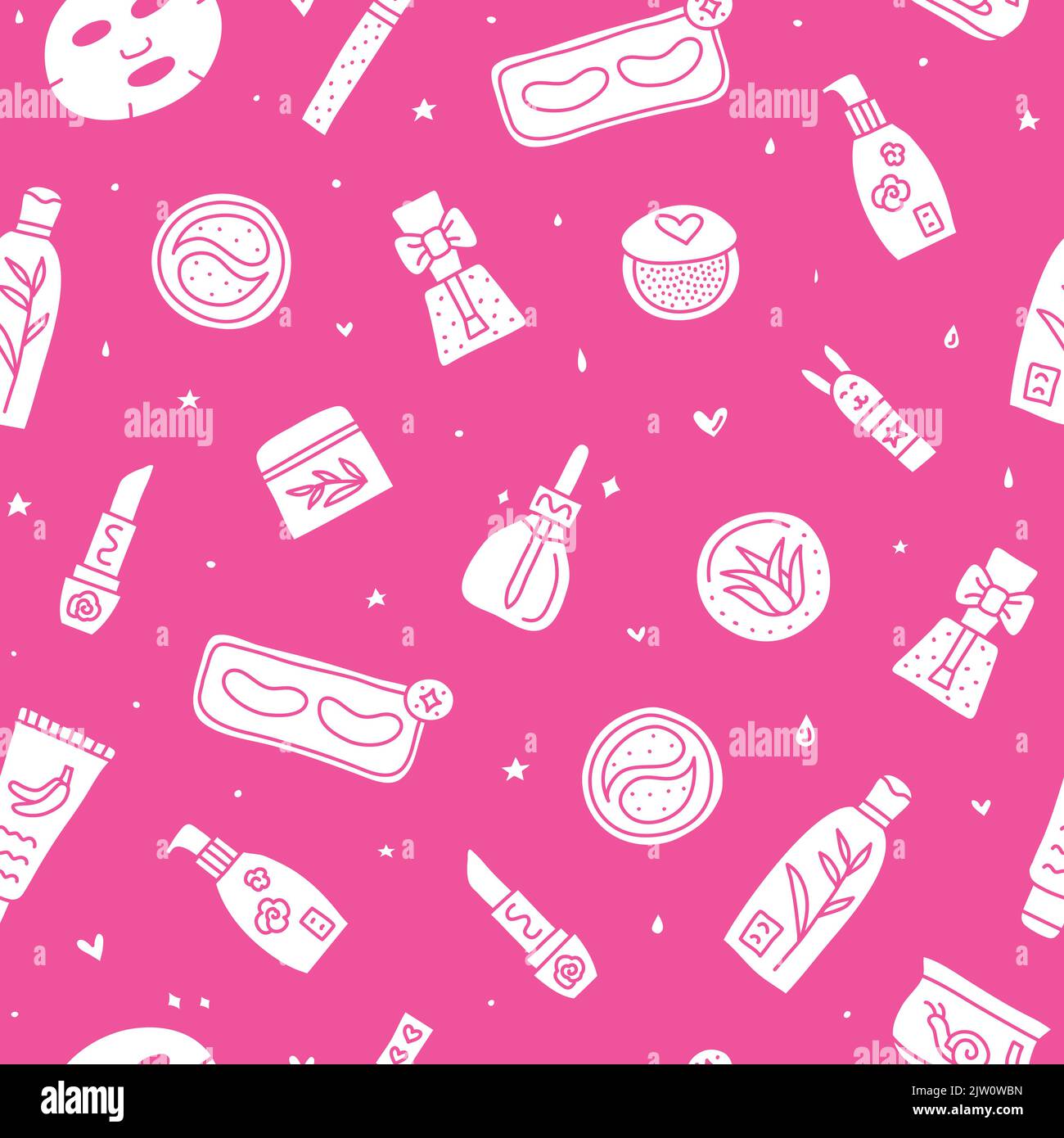 Pink seamless pattern with cute doodle asian cosmetics. Stock Vector