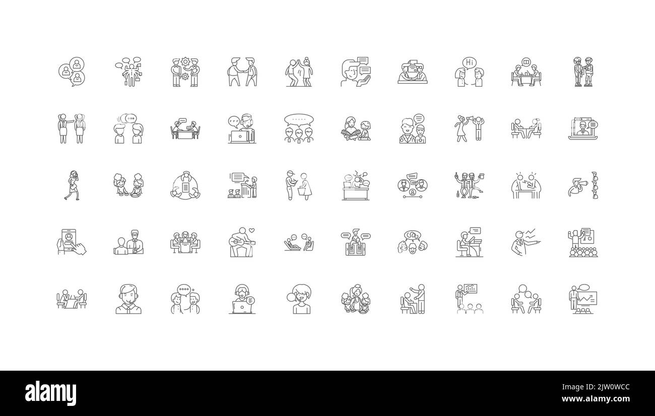 Talking people concept illustration, linear icons, line signs set ...