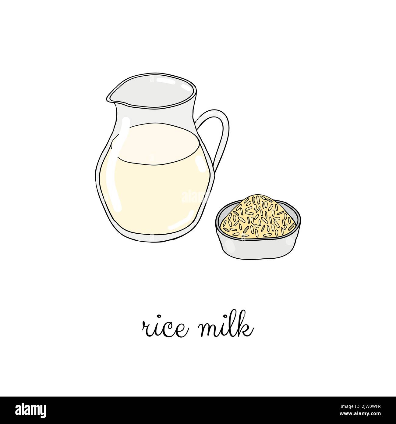 Hand drawn colored rice milk in glass jar isolated on white background ...