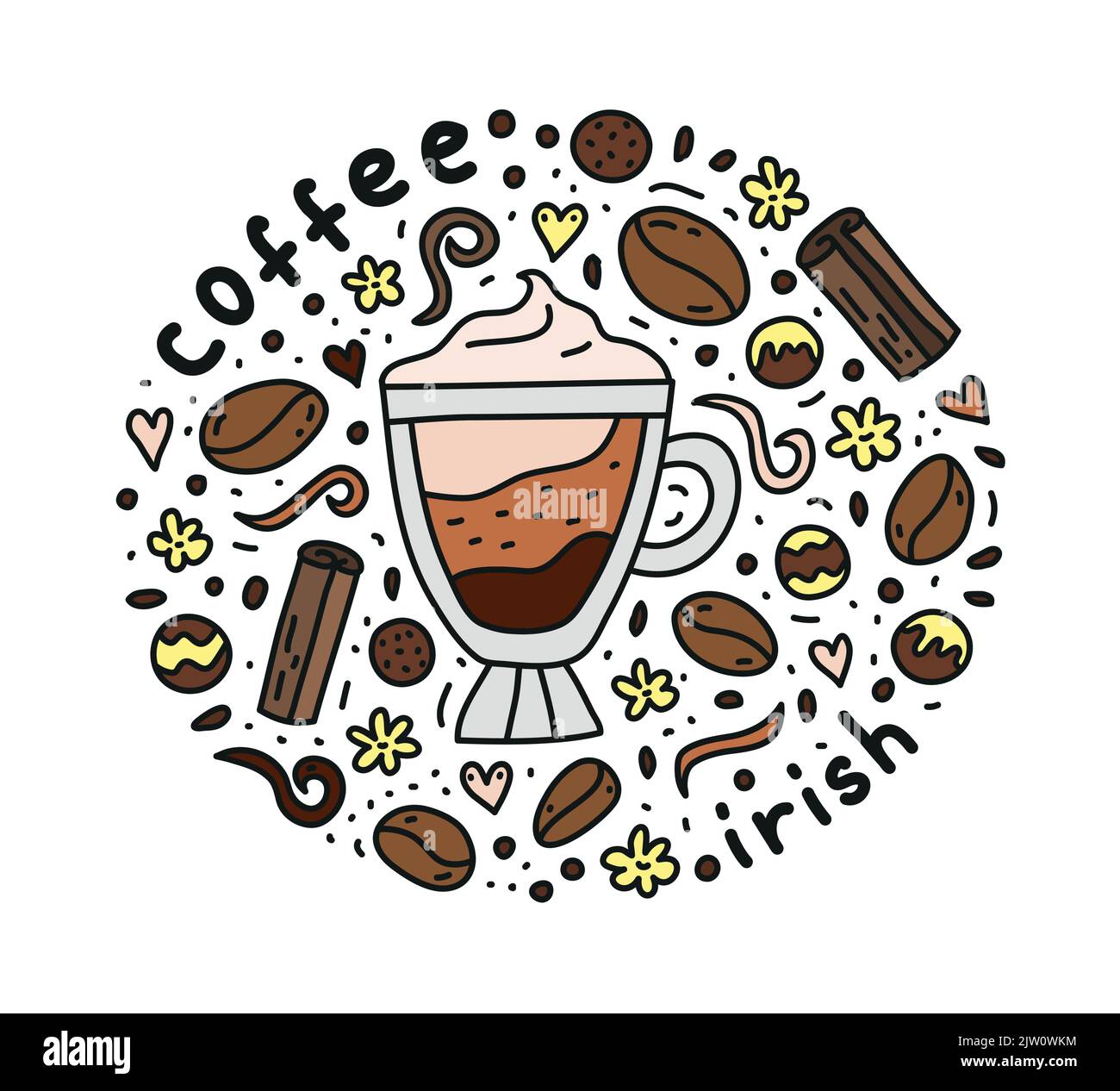 Poster with cute doodle irish coffee drink and beans, candies, spices