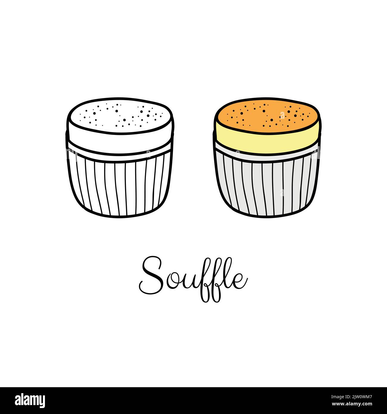 Hand drawn outline and colored souffle dessert or creme brulee isolated ...
