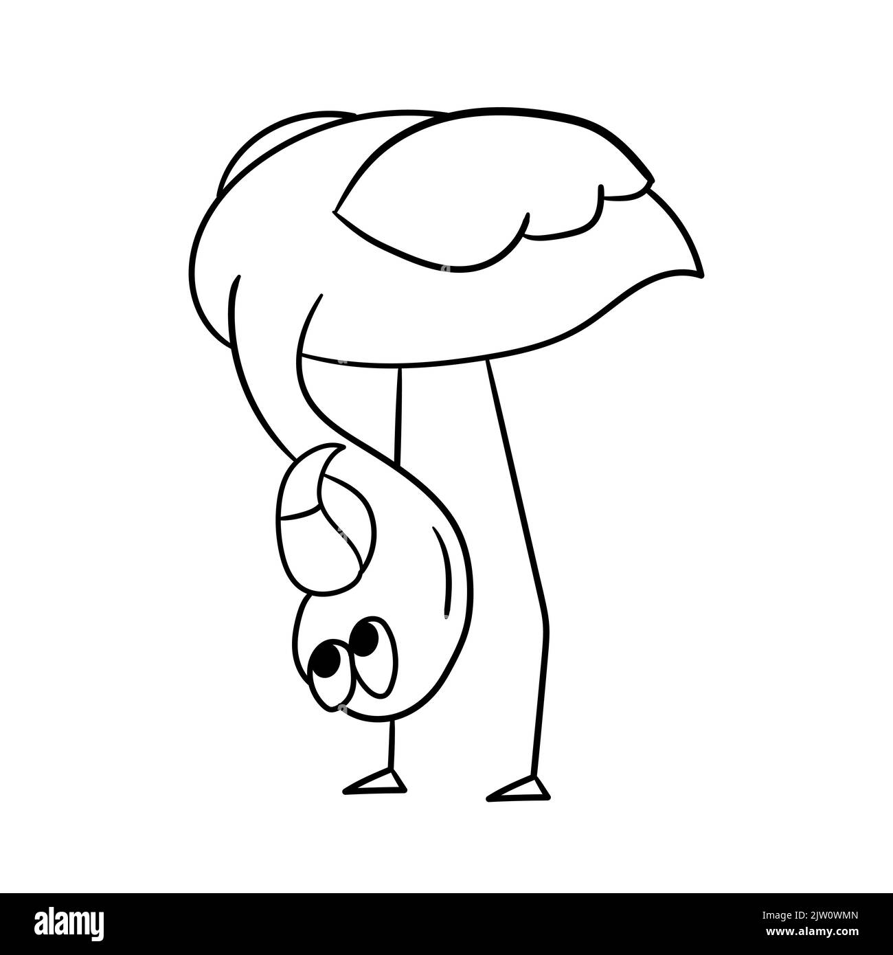 Cute cartoon flamingo with upside down head. Hand drawn style. Element