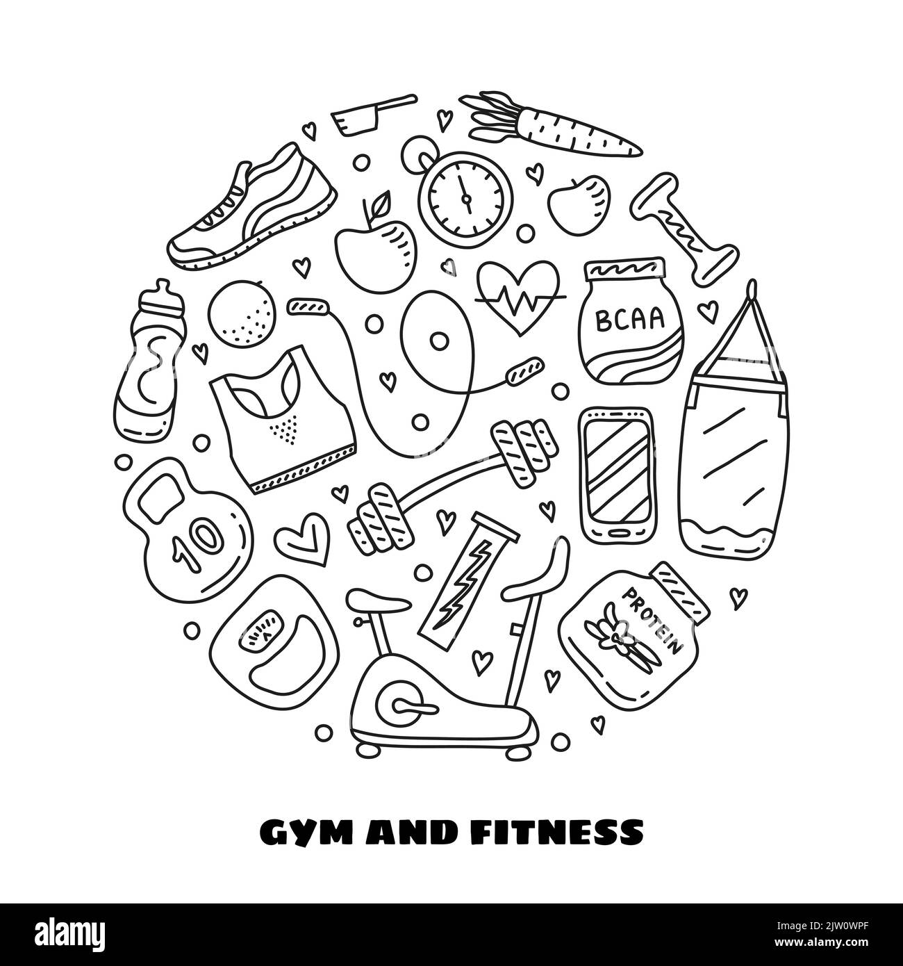 Doodle outline gym and fitness icons composed in circle shape Stock ...