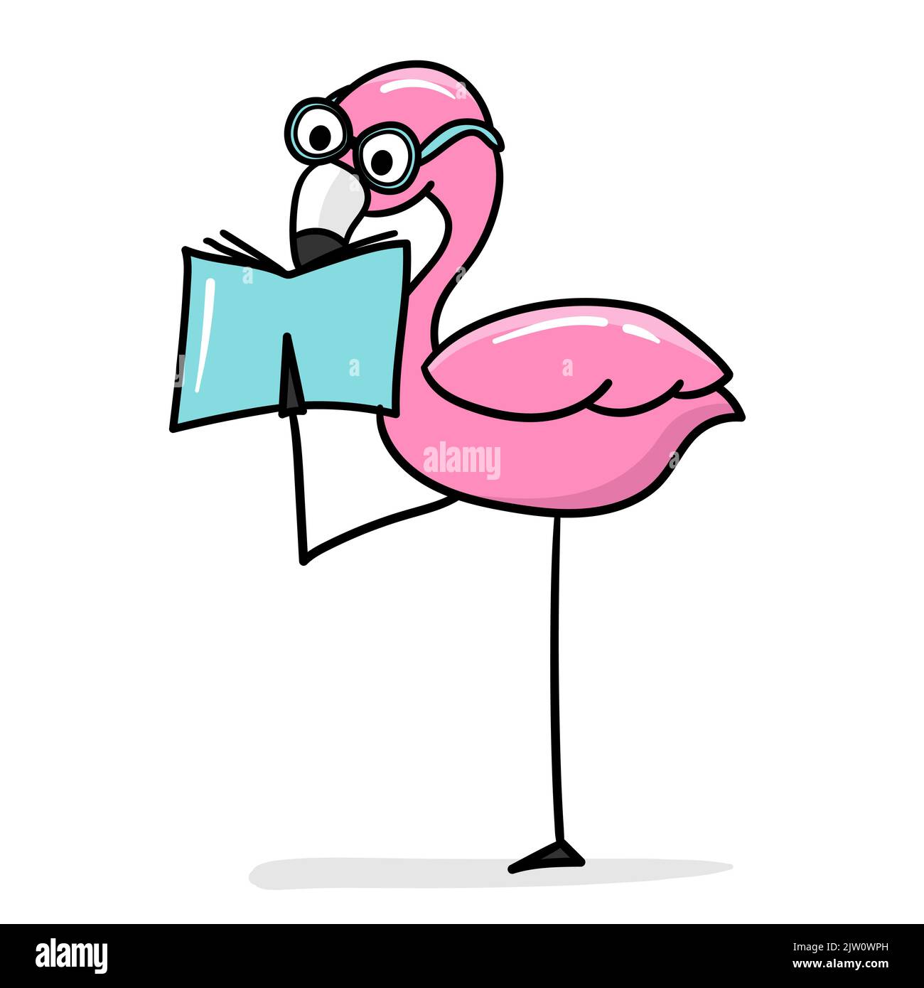 Pink flamingo, zoo character wearing glasses and reading a book