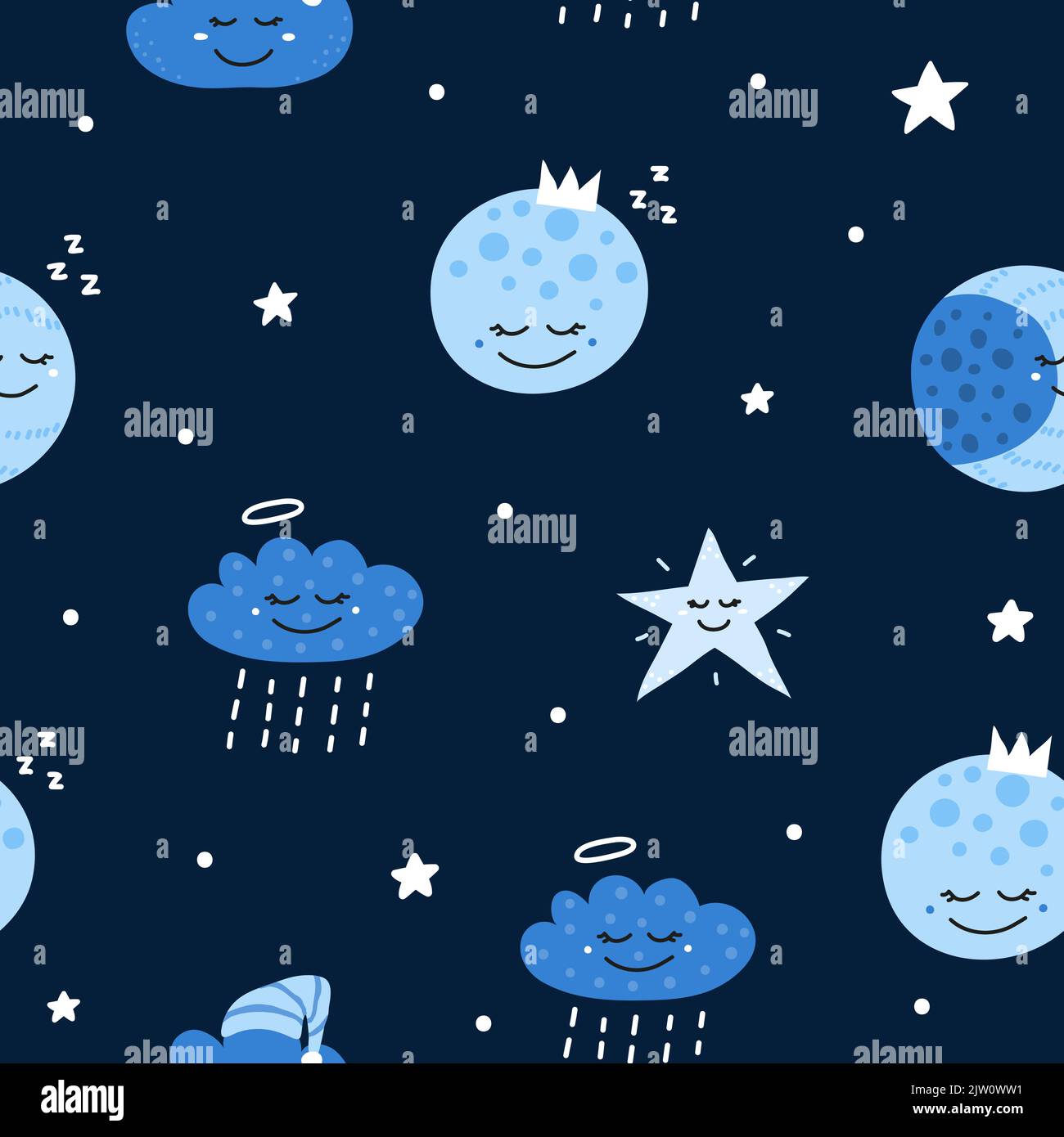 Cute seamless pattern with doodle moon, stars and clouds in ...