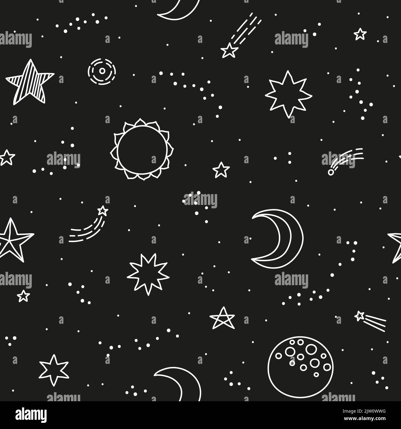 Black and white seamless space pattern with doodle outline stars, sun ...