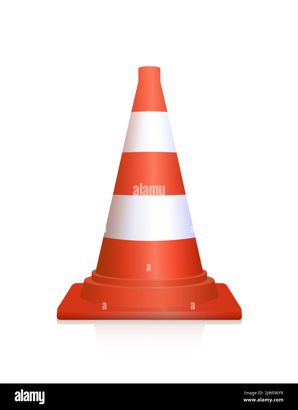 Traffic cone, pylon, witches hat or road, highway, safety or construction cone. Single red and white colored marker - illustration on white background. Stock Photo