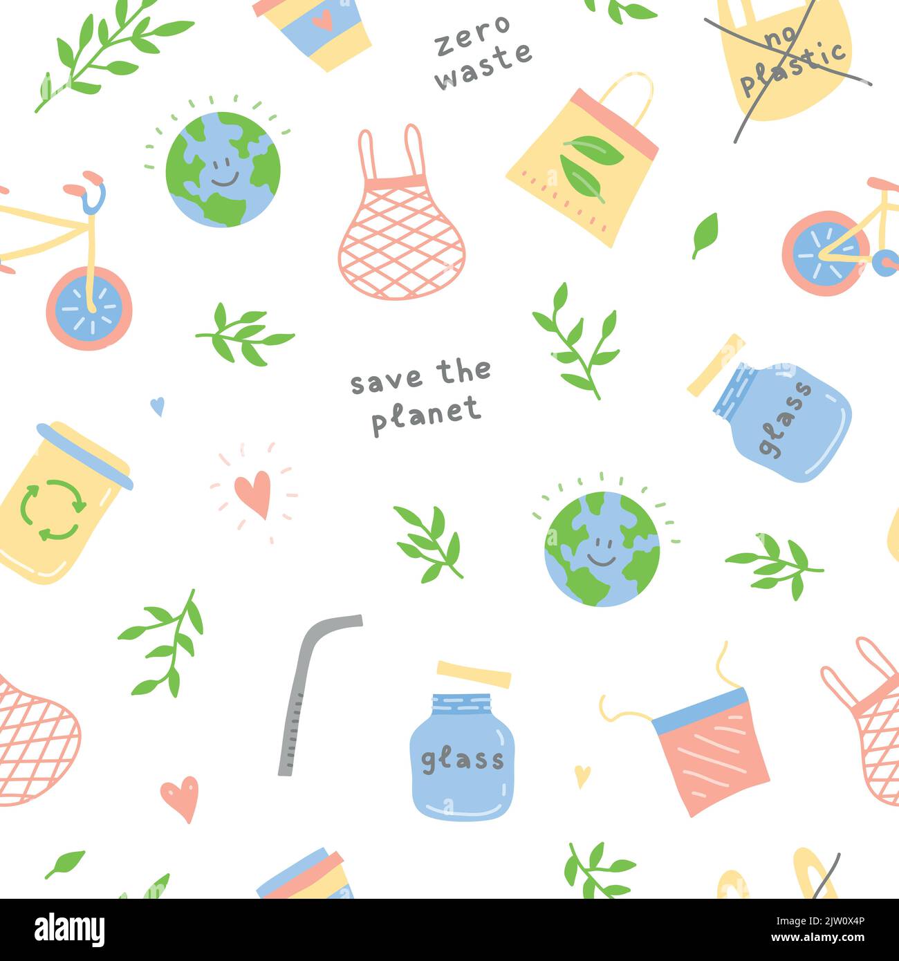 Seamless pattern with doodle colored ecological icons. Zero waste life concept. Stock Vector