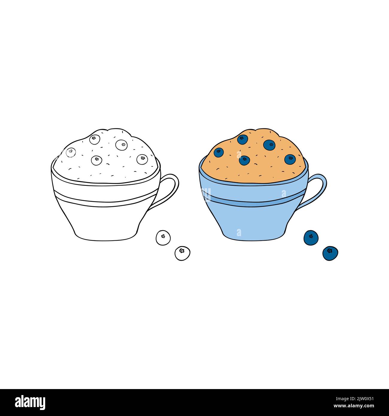 Hand drawn outline and colored mug cake with blueberries isolated on white background. Stock Vector