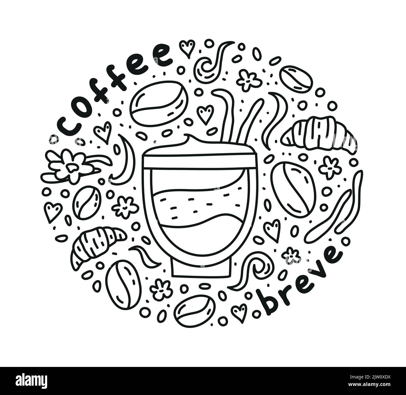 Poster with cute doodle breve coffee drink and beans, croissants, spices, dots around. Stock Vector