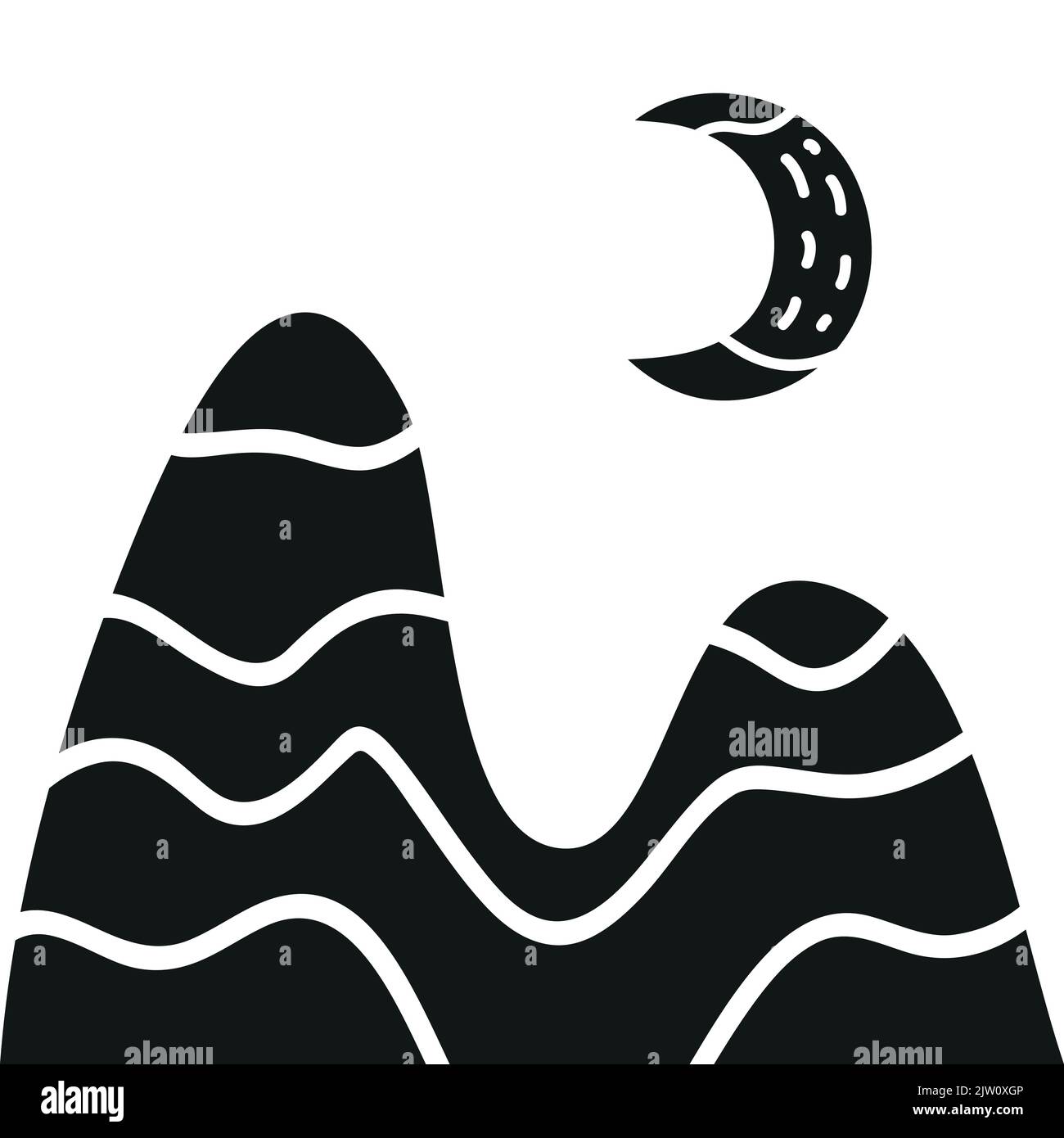 Simple scandinavian poster with black doodle mountain and moon on white ...