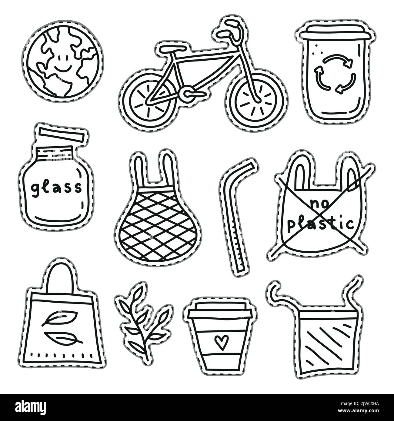 Set of uncolored stickers or patches with zero waste icons isolated on ...