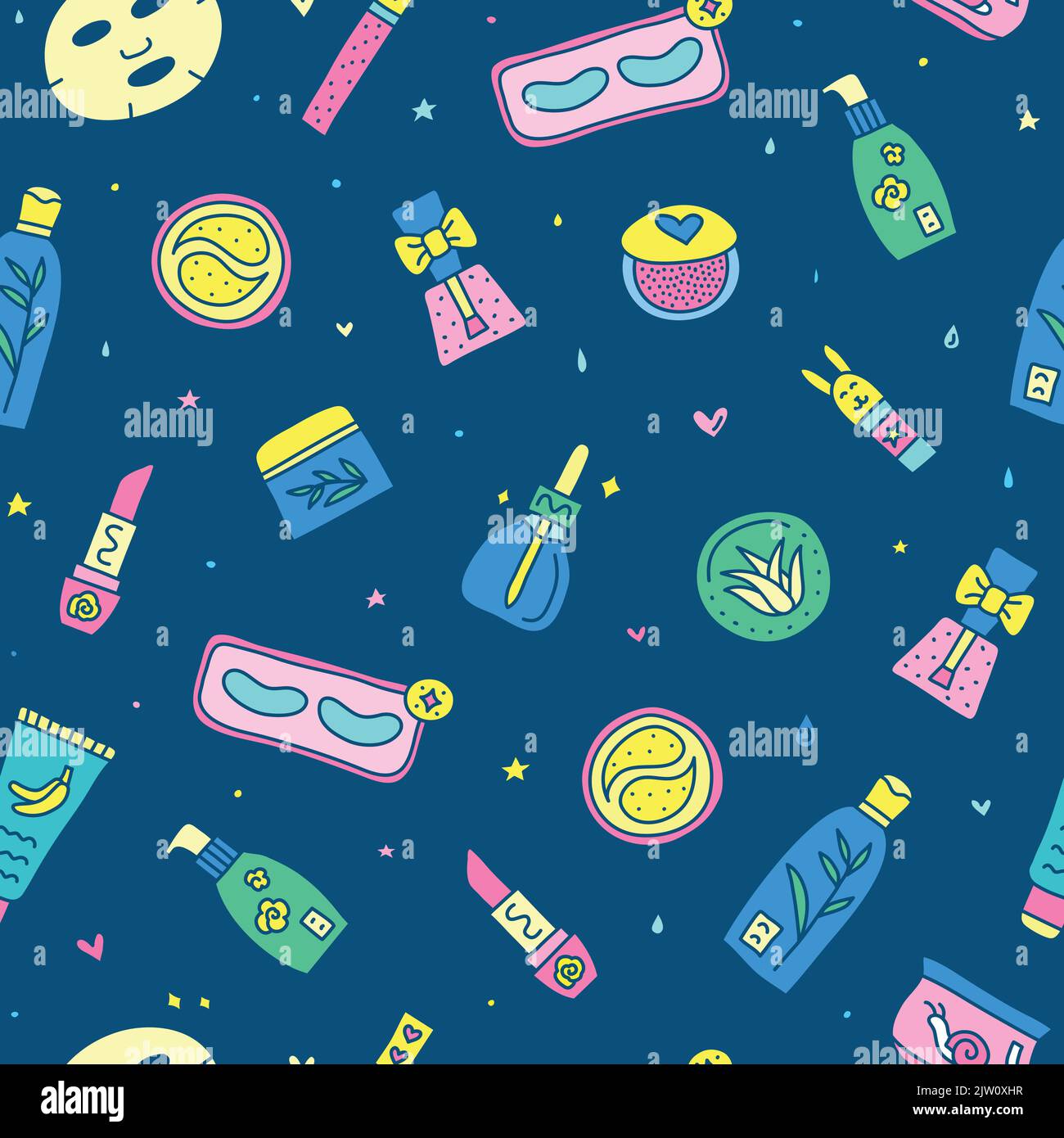 Seamless pattern with cute doodle colorful asian cosmetics. Stock Vector