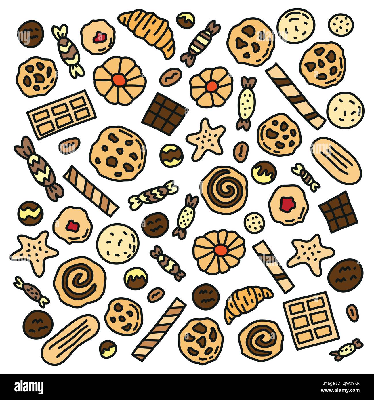 Set of doodle colored cookies, waffles and candies isolated on white ...