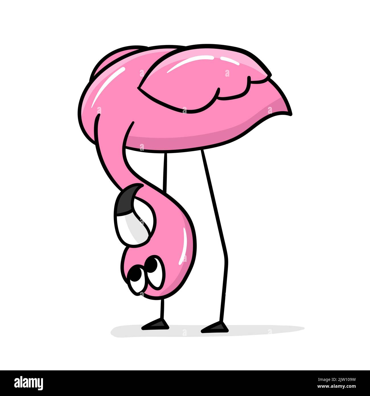 Cute cartoon flamingo with upside down head. Hand drawn style. Element