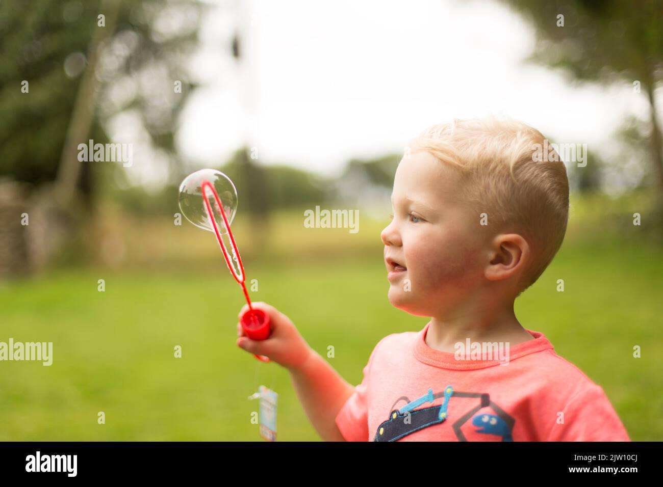Young toddler playing with bubbles outside on a field. Stock Photo