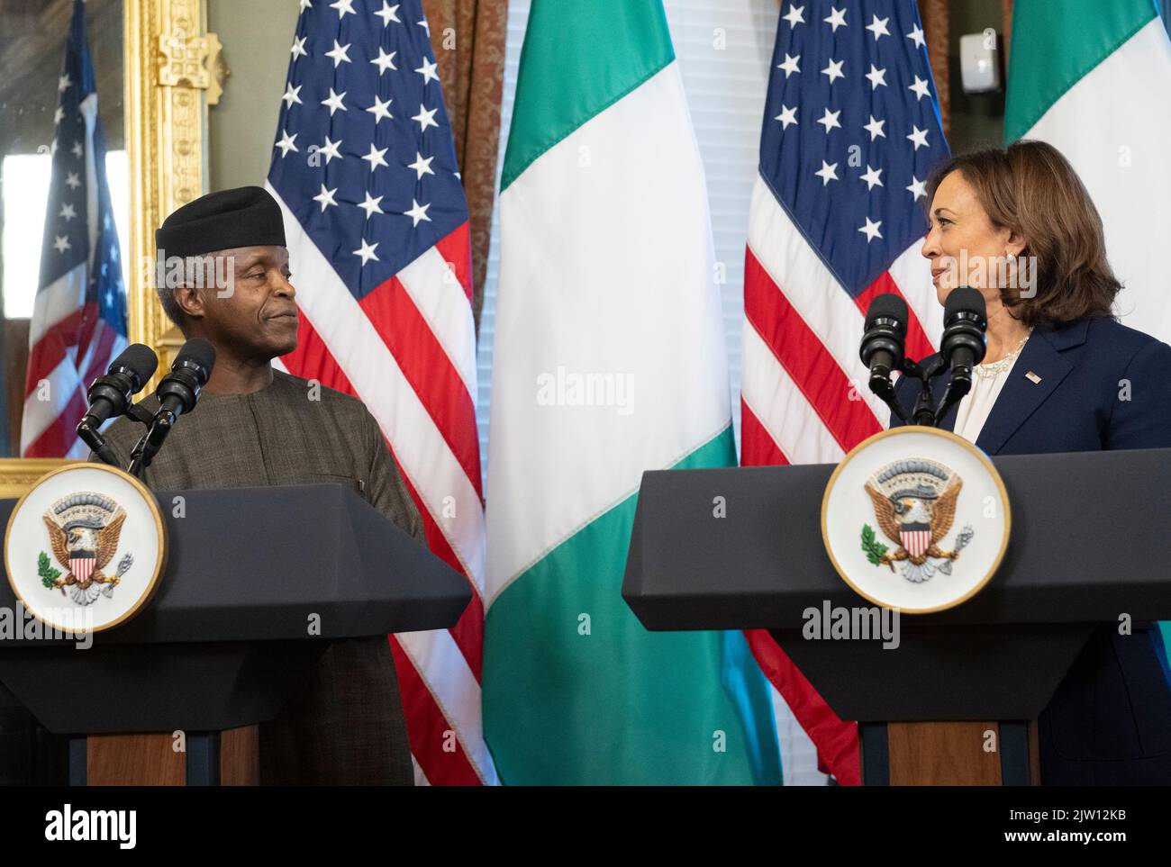 Washington, United States Of America. 02nd Sep, 2022. United States Vice President Kamala Harris and Vice President Yemi Osinbajo of Nigeria make remarks in the Vice President's Ceremonial Office in the Eisenhower Executive Office Building on Friday, September 2, 2022.Credit: Ron Sachs/Pool/Sipa USA Credit: Sipa USA/Alamy Live News Stock Photo