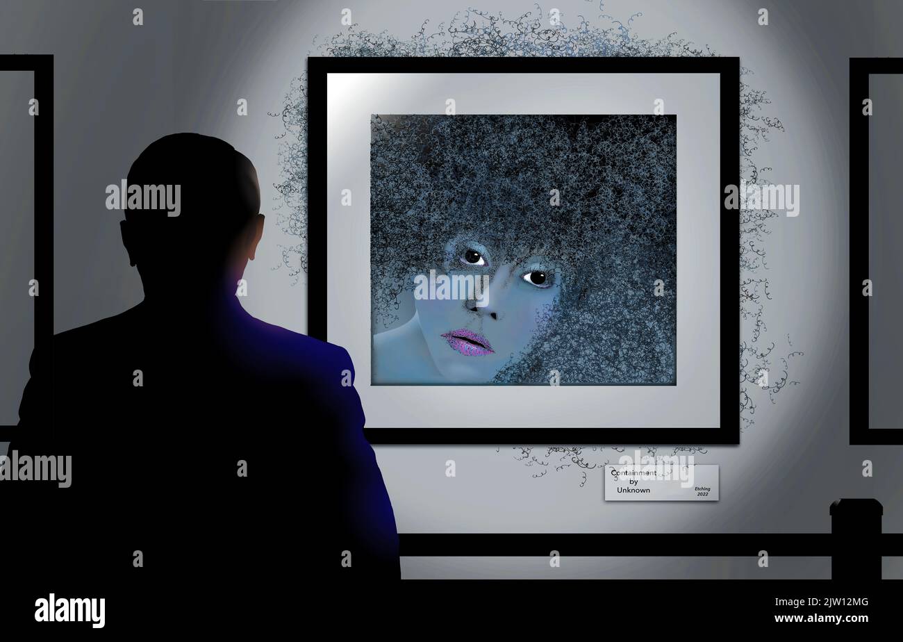 A man looks at art in an art gallery of a girl with curly hair that extendeds beyound the fame in a 3-d illustration about curly hair. Stock Photo
