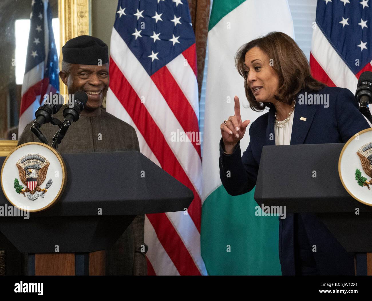 United States Vice President Kamala Harris and Vice President Yemi Osinbajo of Nigeria make remarks in the Vice President's Ceremonial Office in the Eisenhower Executive Office Building on Friday, September 2, 2022.Credit: Ron Sachs / Pool via CNP Stock Photo