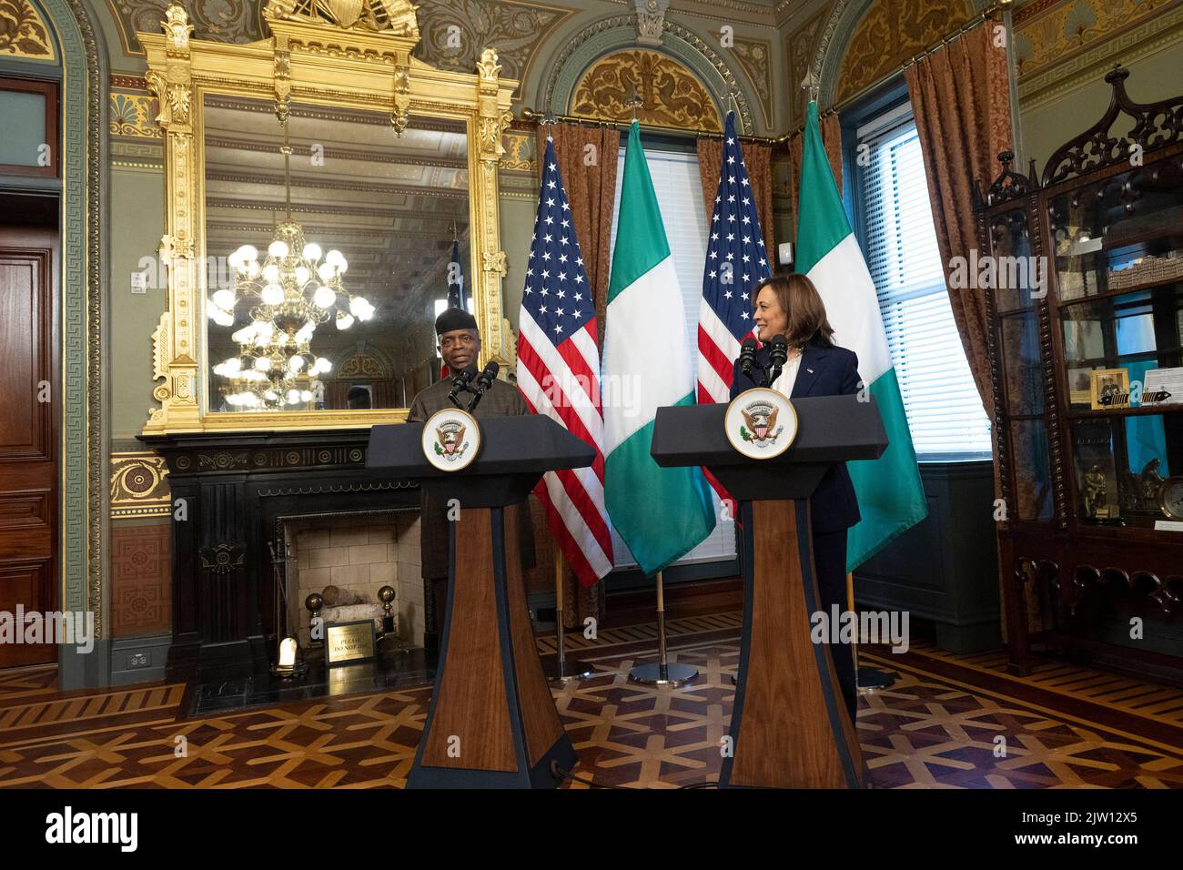 United States Vice President Kamala Harris and Vice President Yemi Osinbajo of Nigeria make remarks in the Vice President's Ceremonial Office in the Eisenhower Executive Office Building on Friday, September 2, 2022.Credit: Ron Sachs / Pool via CNP Stock Photo