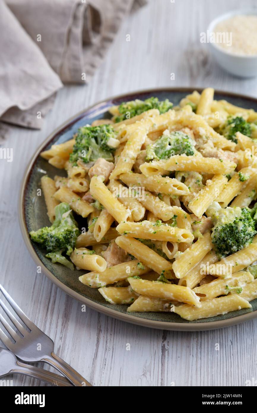 Homemade Penne Alfredo Pasta With Chicken And Broccoli On A Plate, Side ...