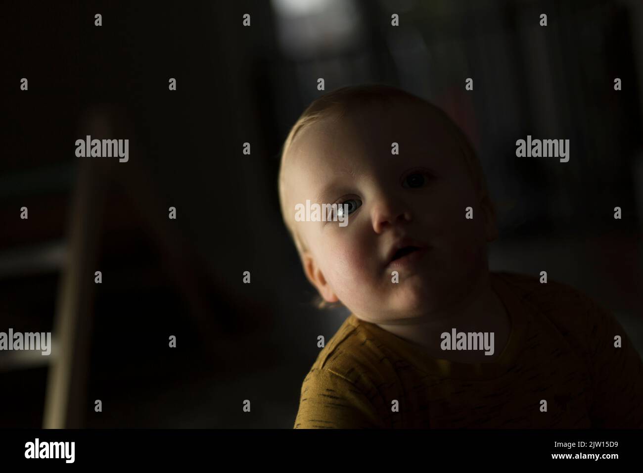 Toddler male looking into camera whilst playing on the floor, studio light used in a dark room. Stock Photo