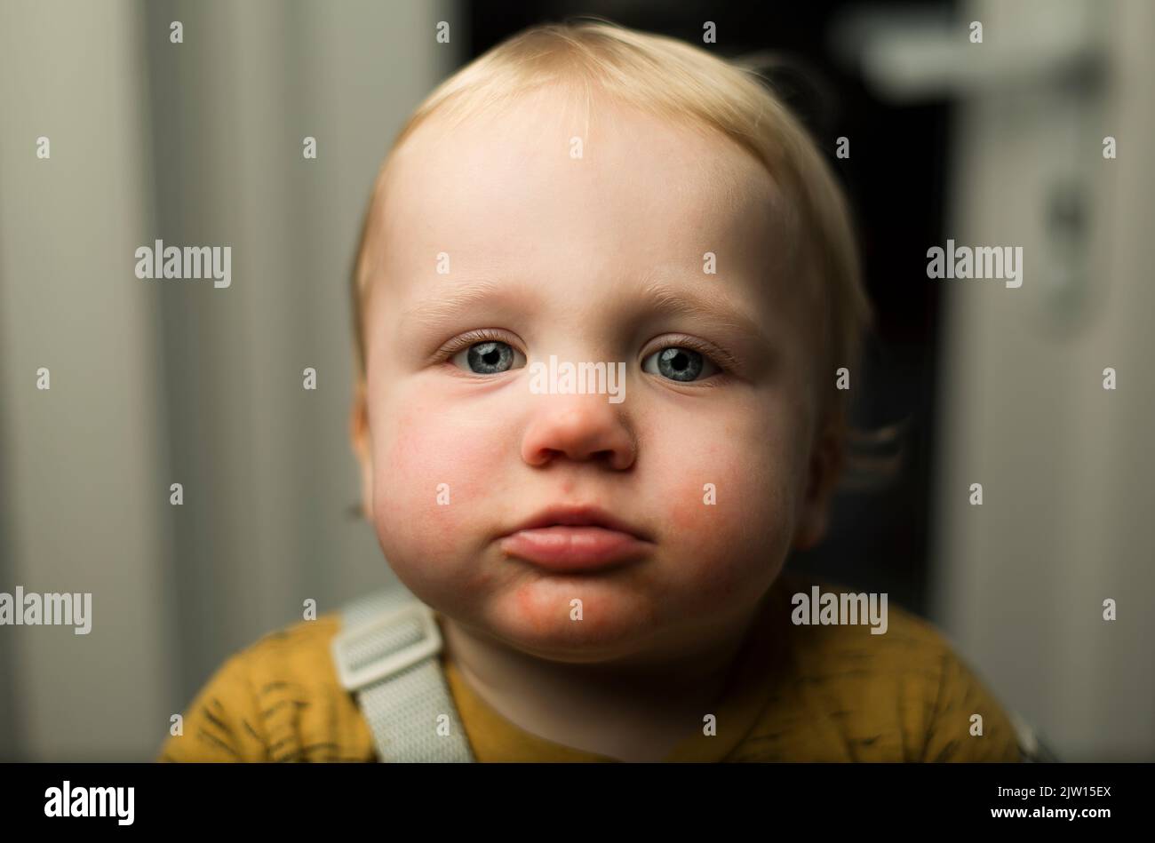 Little blonde boy giving an on look into the camera. Stock Photo