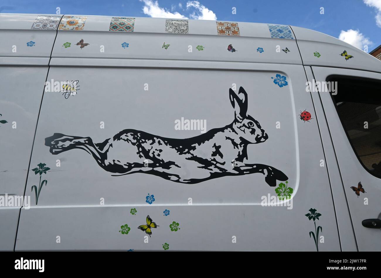 van decorated with flowers and animals Stock Photo