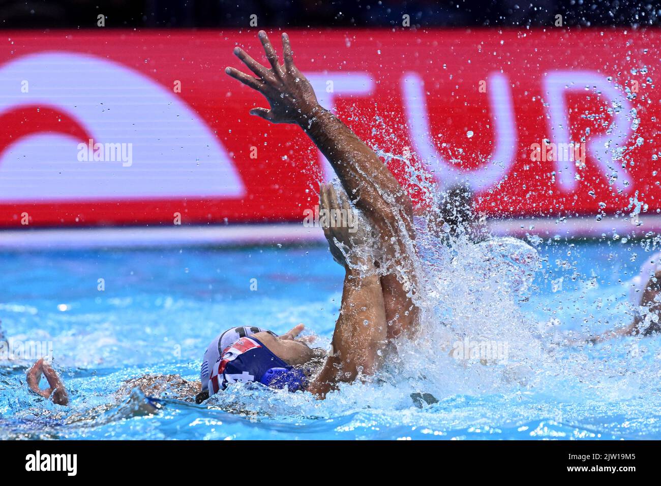 SPLIT, CROATIA - SEPTEMBER 02: Ivan Krapic of Croatia and Dimitrios Nikolaidis of Greece in action during the LEN European Water Polo Championships Group B round 3 match between Greece and Croatia at Spaladium Arena on September 2, 2022 in Split, Croatia. Photo by Marko Lukunic/PIXSELL Credit: Pixsell photo & video agency/Alamy Live News Stock Photo