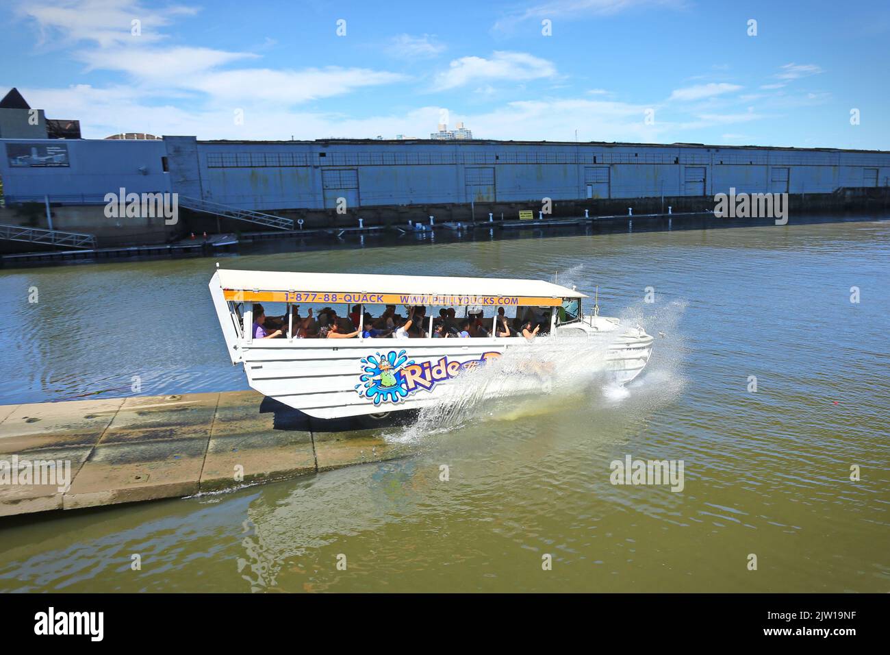 Ride the Duck tourist boat on the river in Philadelphia. Philadelphia, Pennsylvania, USA - August 2019. Stock Photo