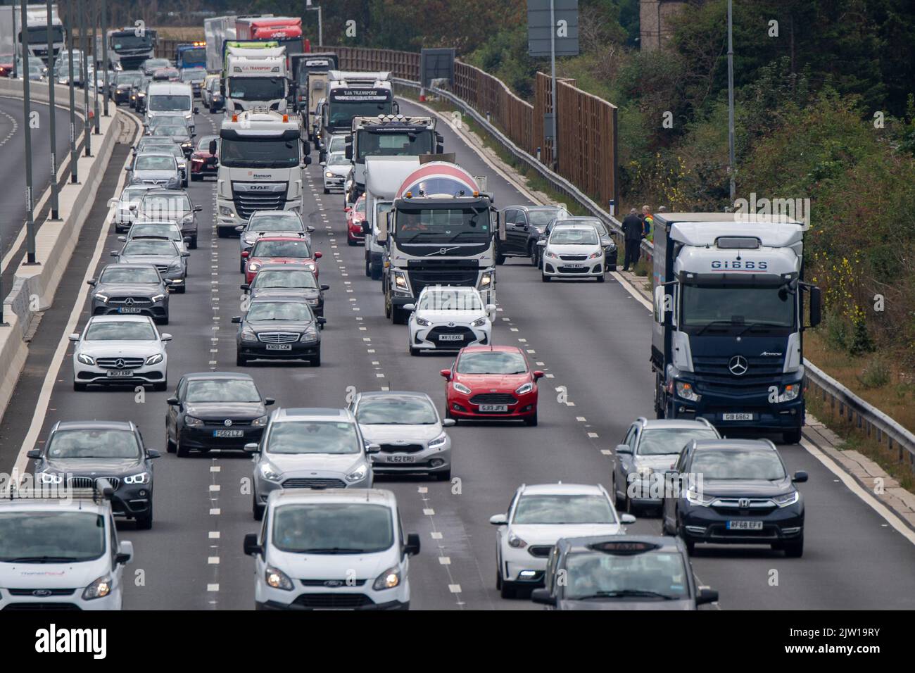 Datchet, Berkshire, UK. 2nd September, 2022. Traffic backs up on the M4 Smart Motorway at Datchet following what appears to be a three car accident. Prime Minister candidate Liz Truss, has been reported as saying that she would put a stop to Smart Motorways. She has also said that she would consider removing the speed limit on motorways as is the case in Germany. Credit: Maureen McLean/Alamy Live News Stock Photo