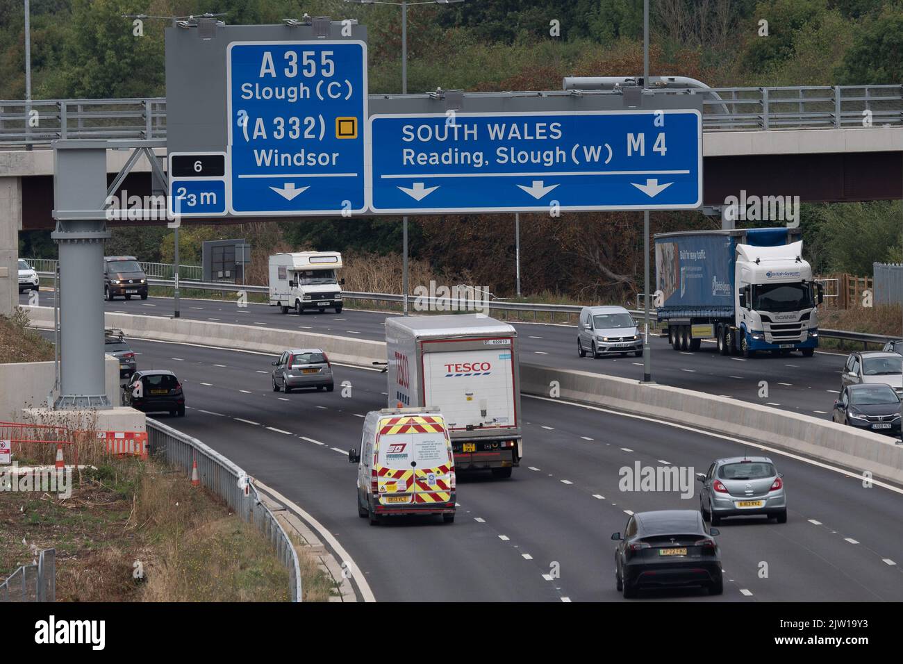 Datchet, Berkshire, UK. 2nd September, 2022. Prime Minister candidate Liz Truss, has been reported as saying that she would put a stop to Smart Motorways. She has also said that she would consider removing the speed limit on motorways as is the case in Germany. Credit: Maureen McLean/Alamy Live News Stock Photo