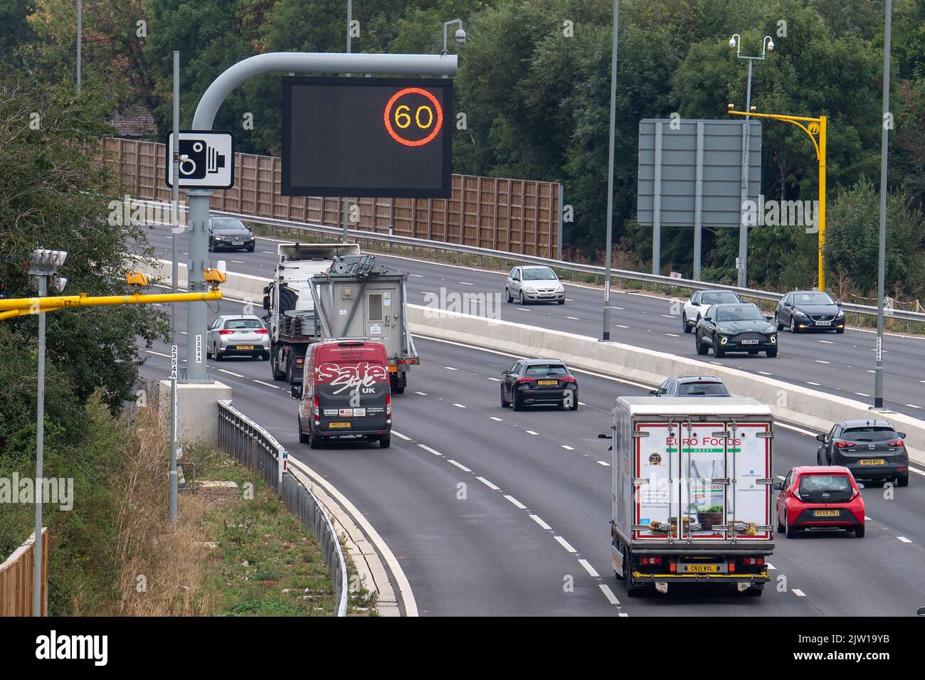 Datchet, Berkshire, UK. 2nd September, 2022. Prime Minister candidate Liz Truss, has been reported as saying that she would put a stop to Smart Motorways. She has also said that she would consider removing the speed limit on motorways as is the case in Germany. Credit: Maureen McLean/Alamy Live News Stock Photo