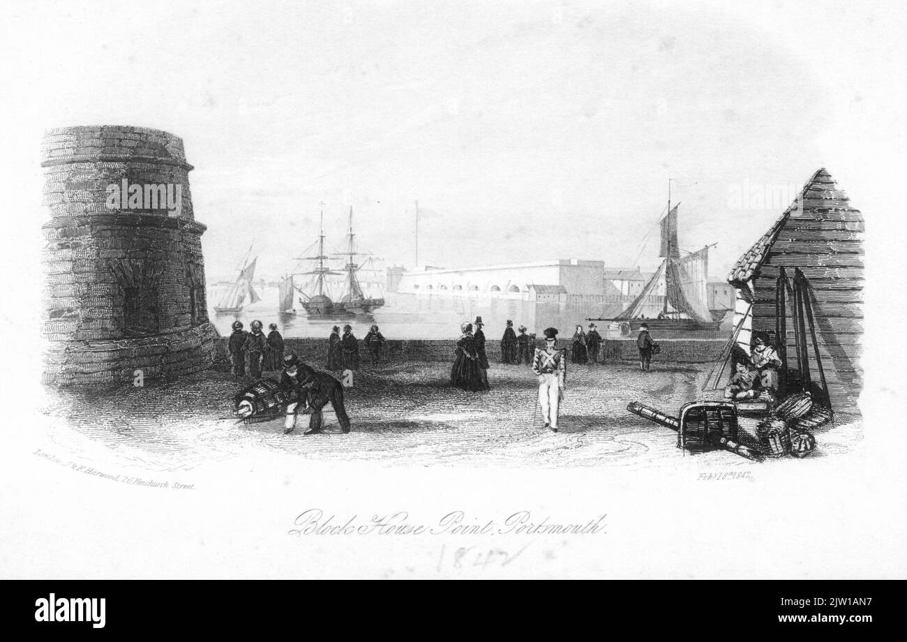 AJAXNETPHOTO. 1842. OLD PORTSMOUTH, ENGLAND. - BLOCKHOUSE, POINT, PORTSMOUTH - A VIEW FROM OLD PORTSMOUTH ACROSS THE HARBOUR MOUTH TOWARD FORT BLOCKHOUSE DATED 18TH FEBRUARY, 1842. IMAGE FROM ORIGINAL 1842 ENGRAVING PUBLISHED BY J & F HARWOOD OF 26 FENCHURCH STREET, LONDON. © DIGITAL IMAGE COPYRIGHT AJAX VINTAGE PICTURE LIBRARY SOURCE: AJAX VINTAGE PICTURE LIBRARY COLLECTION REF:ENGR 1842 1 Stock Photo