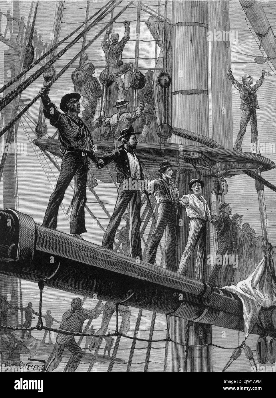 AJAXNETPHOTO. 1797. SPITHEAD MUTINY. MUTINEER SAILORS OF THE ROYAL NAVY MAN THE YARDS OF A WARSHIP VOICING THEIR DEMANDS ON THE ADMIRALTY IN THIS 1890 STEEL ENGRAVING BY W.H.OVEREND.    © IMAGE COPYRIGHT AJAX VINTAGE PICTURE LIBRARY SOURCE: AJAX VINTAGE PICTURE LIBRARY COLLECTION REF:211702 ENG03 Stock Photo