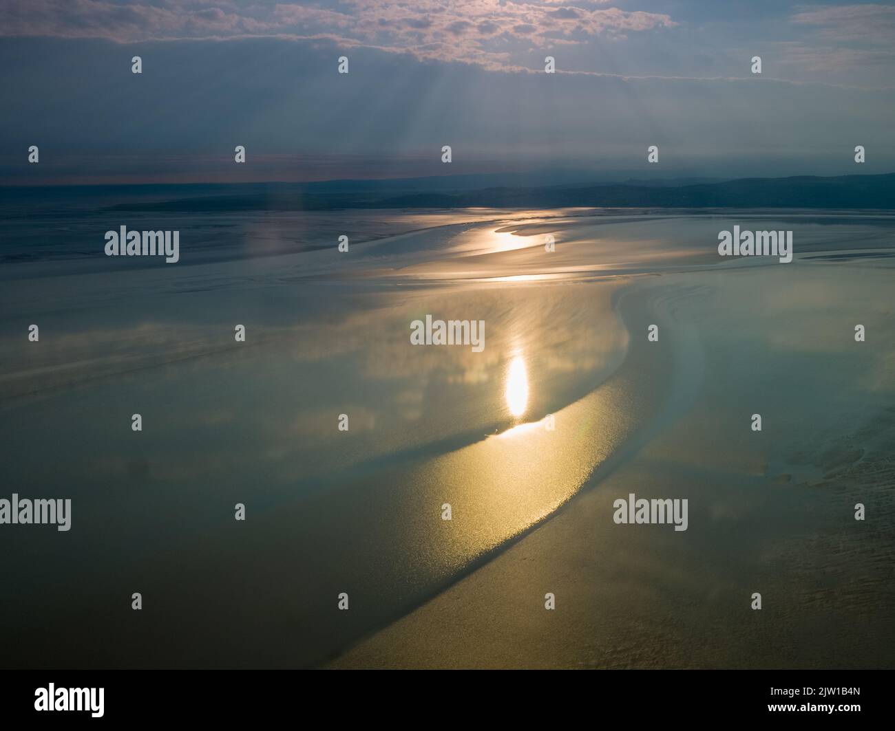 A drone aerial shot of the sunset over Silverdale Morecambe Bay Stock Photo