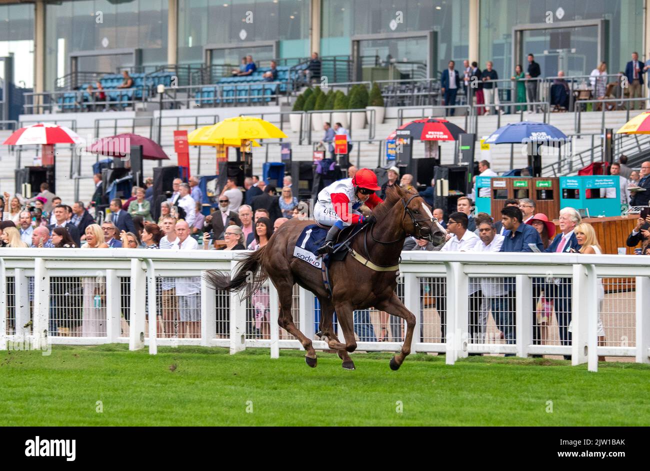 Ascot, Berkshire, UK. 2nd September, 2022. Horse Sound of Iona ridden by jockey Amie Waugh wins the Bateaux London Fillies' Handicap Stakes at the Ascot Racecourse September Racing Weekend. Owner Mr and Mrs G Grant and the Reluctant Suitors. Trainer Jim Goldie, Glasgow. Credit: Maureen McLean/Alamy Live News Stock Photo