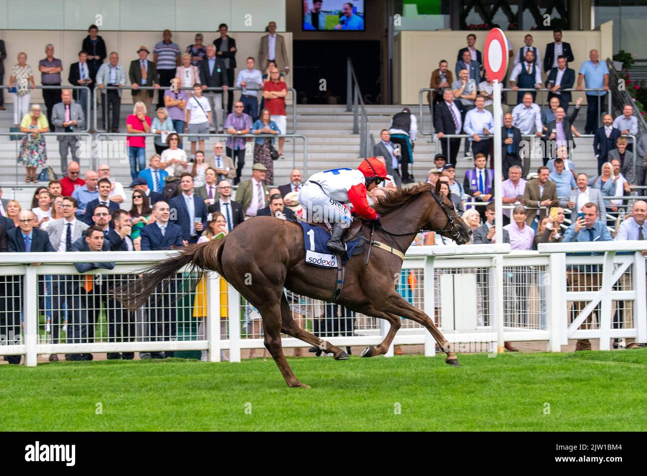 Ascot, Berkshire, UK. 2nd September, 2022. Horse Sound of Iona ridden by jockey Amie Waugh wins the Bateaux London Fillies' Handicap Stakes at the Ascot Racecourse September Racing Weekend. Owner Mr and Mrs G Grant and the Reluctant Suitors. Trainer Jim Goldie, Glasgow. Credit: Maureen McLean/Alamy Live News Stock Photo