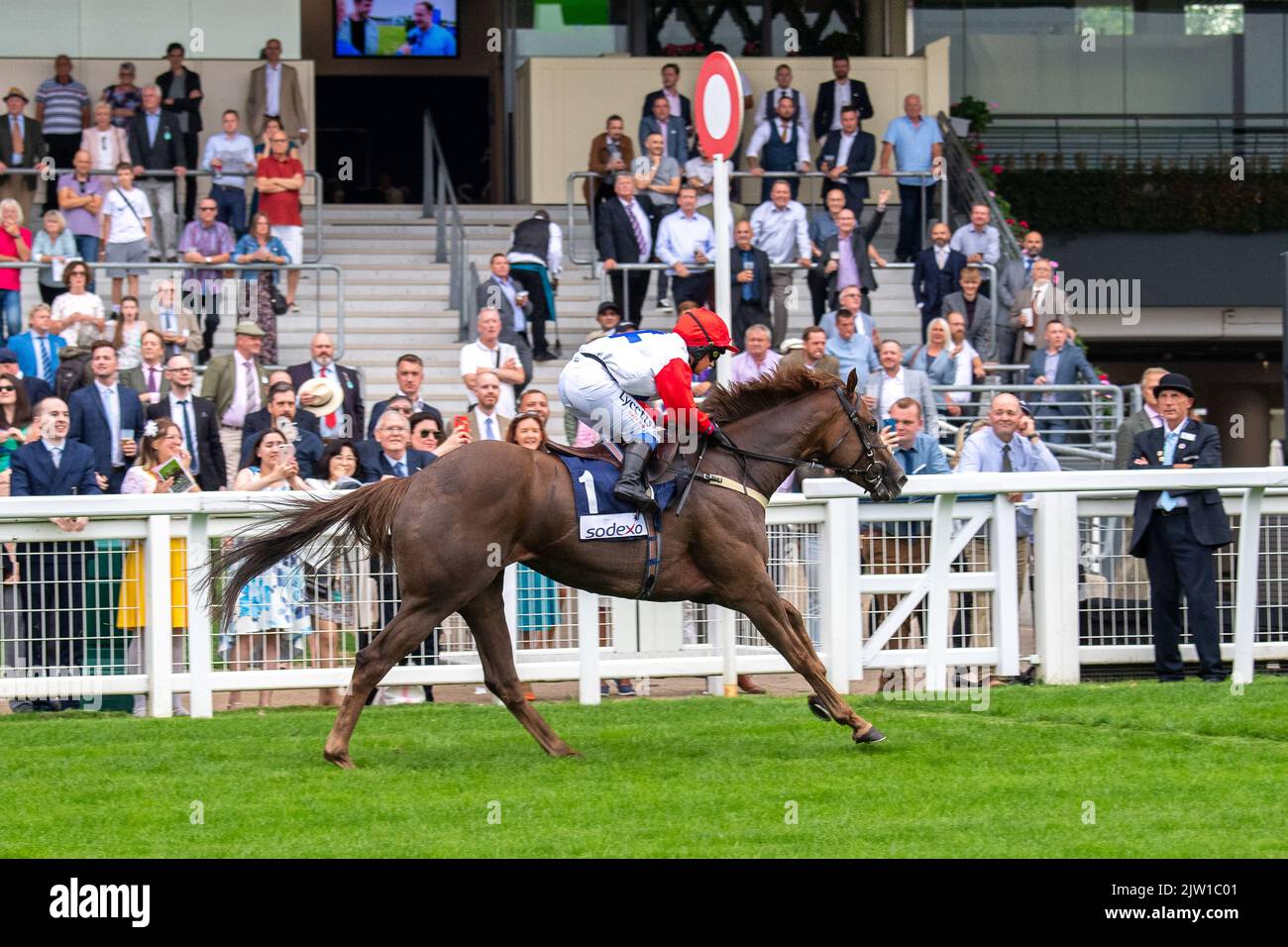 Ascot, Berkshire, UK. 2nd September, 2022. Horse Sound of Iona ridden by jockey Amie Waugh wins the Bateaux London Fillies' Handicap Stakes at the Ascot Racecourse September Racing Weekend. Owner Mr and Mrs G Grant and the Reluctant Suitors. Trainer Jim Goldie, Glasgow. Credit: Maureen McLean/Alamy Live News Stock Photo