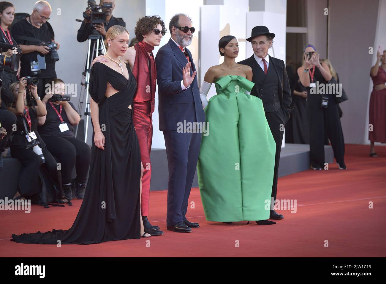 Venezia, Italy. 02nd Sep, 2022. Chloe Sevigny, Timothee Chalamet, Luca Guadagnino, Taylor Russell and Mark Rylance attend the 'Bones And All' red carpet at the 79th Venice International Film Festival on September 02, 2022 in Venice, Italy. Photo by Rocco Spaziani/UPI Credit: UPI/Alamy Live News Stock Photo