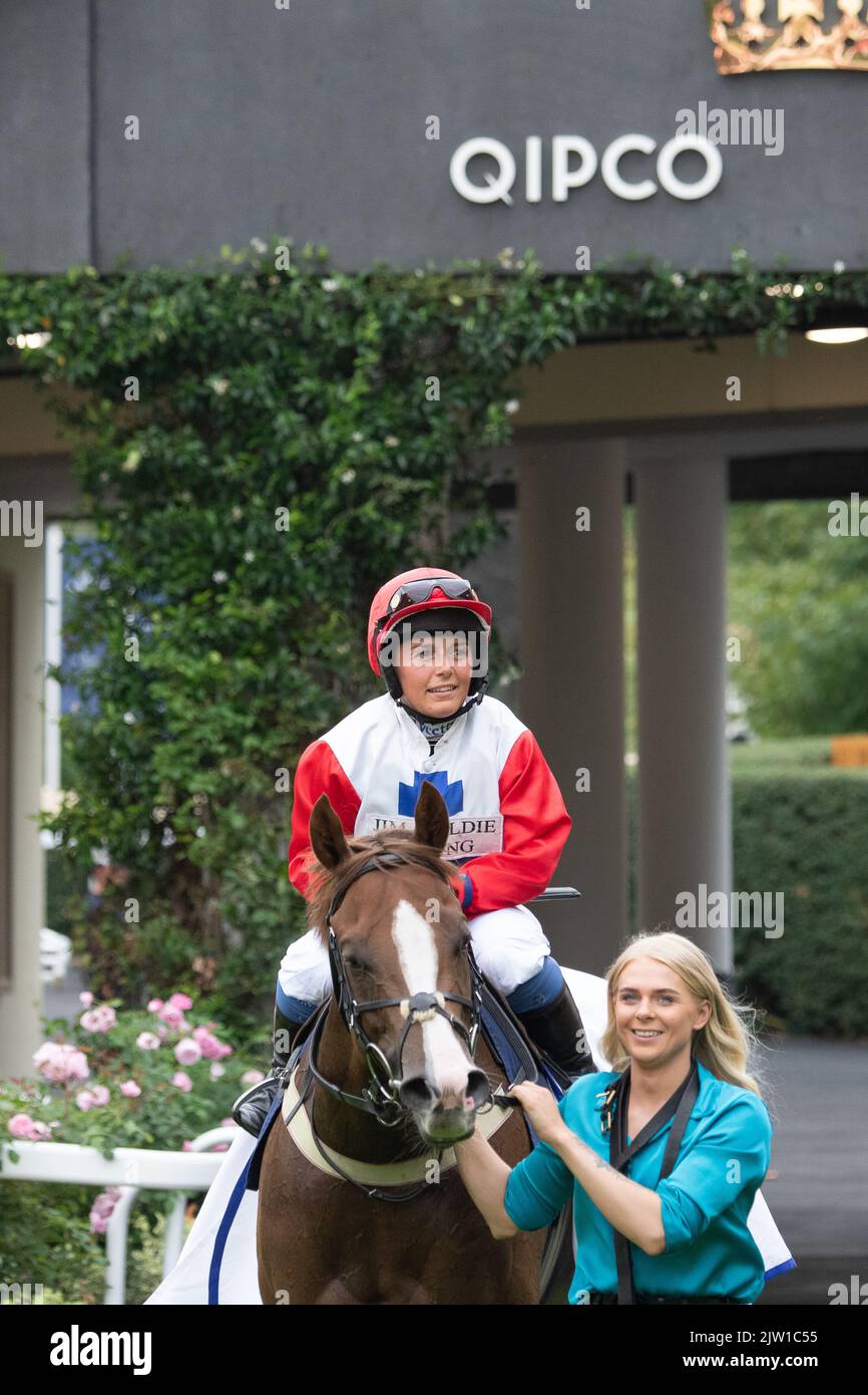 Ascot, Berkshire, UK. 2nd September, 2022. Horse Sound of Iona ridden by jockey Amie Waugh wins the Bateaux London Fillies' Handicap Stakes at the Ascot Racecourse September Racing Weekend. Owner Mr and Mrs G Grant and the Reluctant Suitors. Trainer Jim Goldie, Glasgow. Credit: Maureen McLean/Alamy Live News Stock Photo