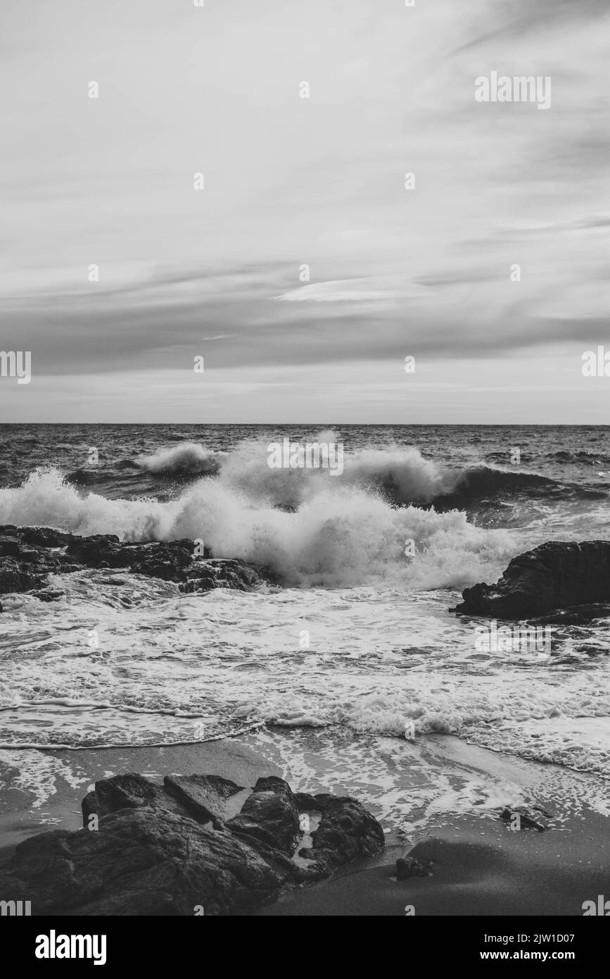 Landscape of a beach shore with waves and foam Stock Photo