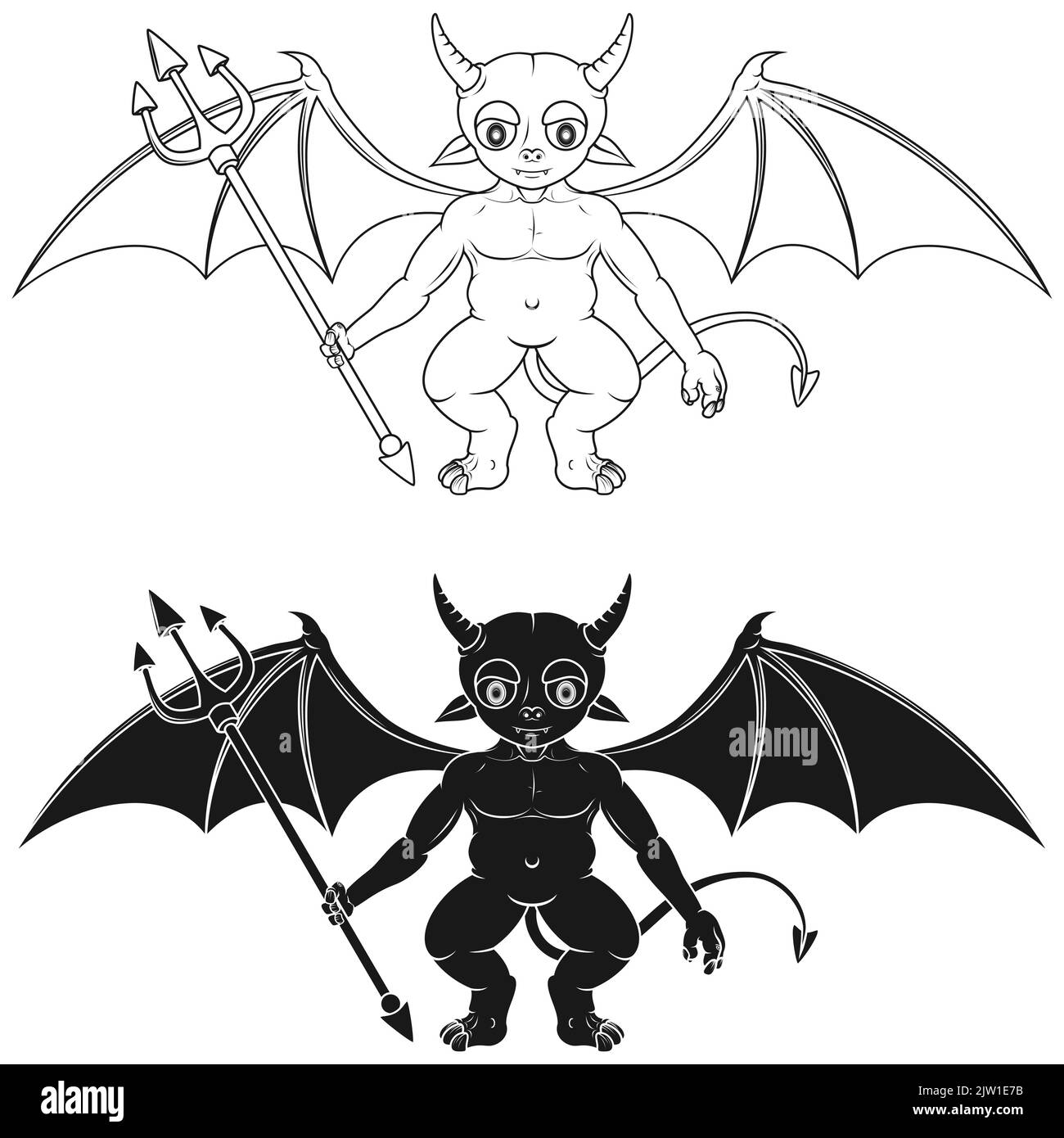 Vector design two little devils of different colors with tridents and demonic wings Stock Vector