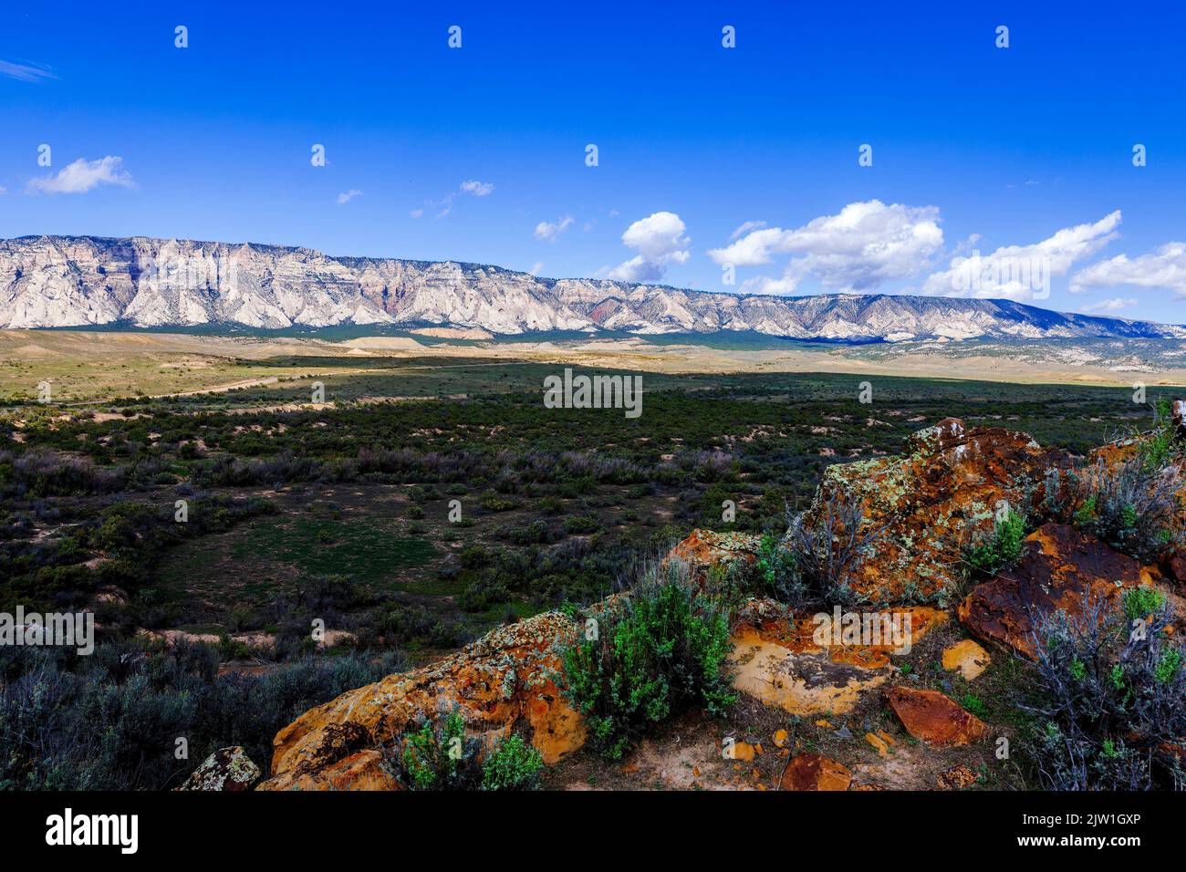 Wide open range landscape with mountains across a flat prairie Stock