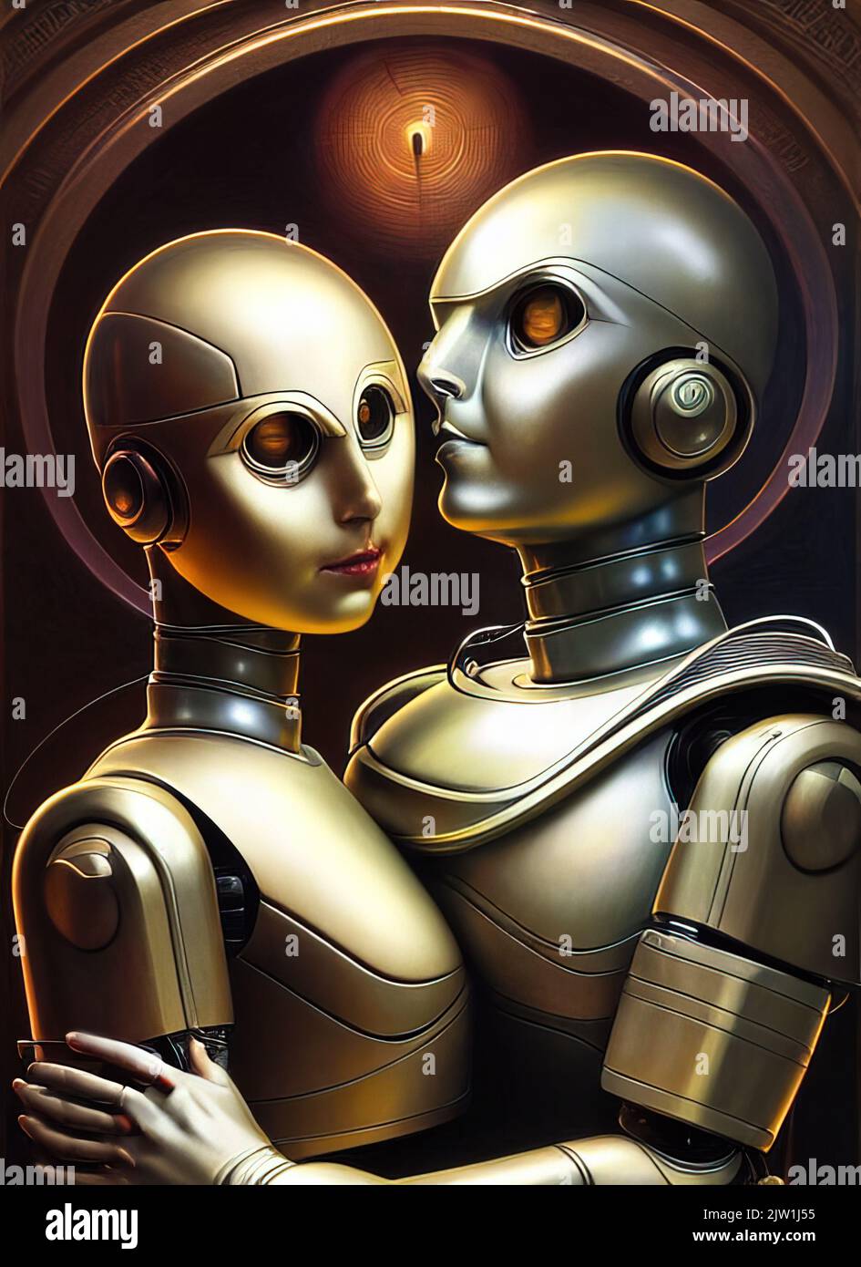 Humanoid androids robots couple embrace each other Stock Photo
