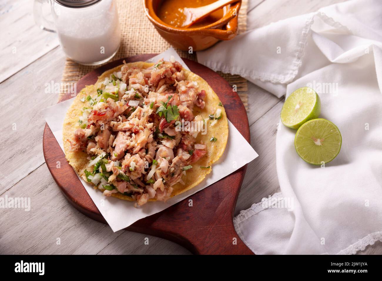 Taco de Carnitas. Cornmeal tortilla with deep fried pork. Traditional