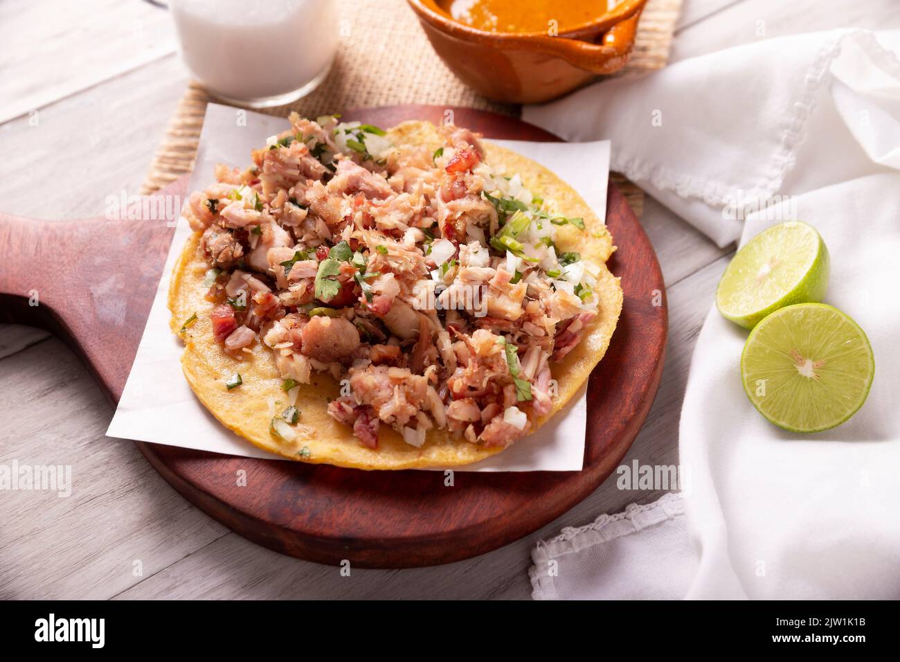 Taco de Carnitas. Cornmeal tortilla with deep fried pork. Traditional