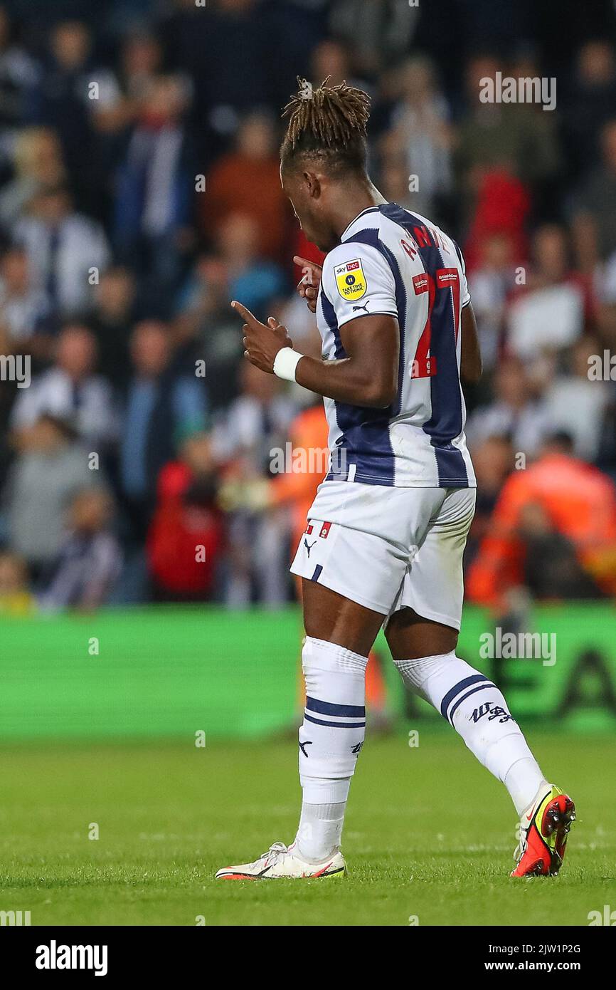 West Bromwich, UK. 02nd Sep, 2022. Brandon Michael Clarke Thomas-Asante #21 of West Bromwich Albion celebrates his teams result after the Sky Bet Championship match West Bromwich Albion vs Burnley at The Hawthorns, West Bromwich, United Kingdom, 2nd September 2022 (Photo by Gareth Evans/News Images) in West Bromwich, United Kingdom on 9/2/2022. (Photo by Gareth Evans/News Images/Sipa USA) Credit: Sipa USA/Alamy Live News Stock Photo