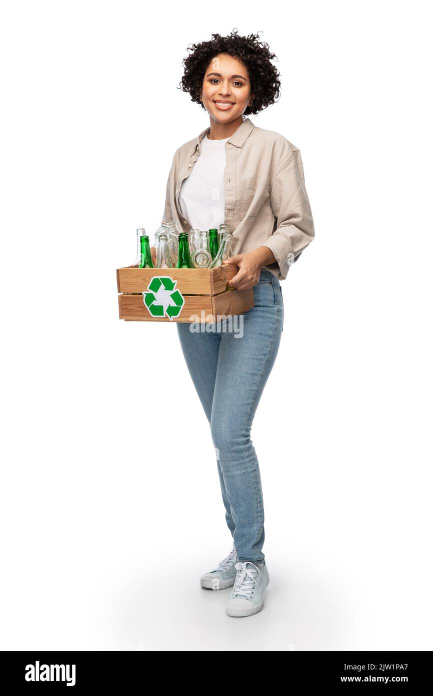 happy woman sorting glass waste Stock Photo - Alamy